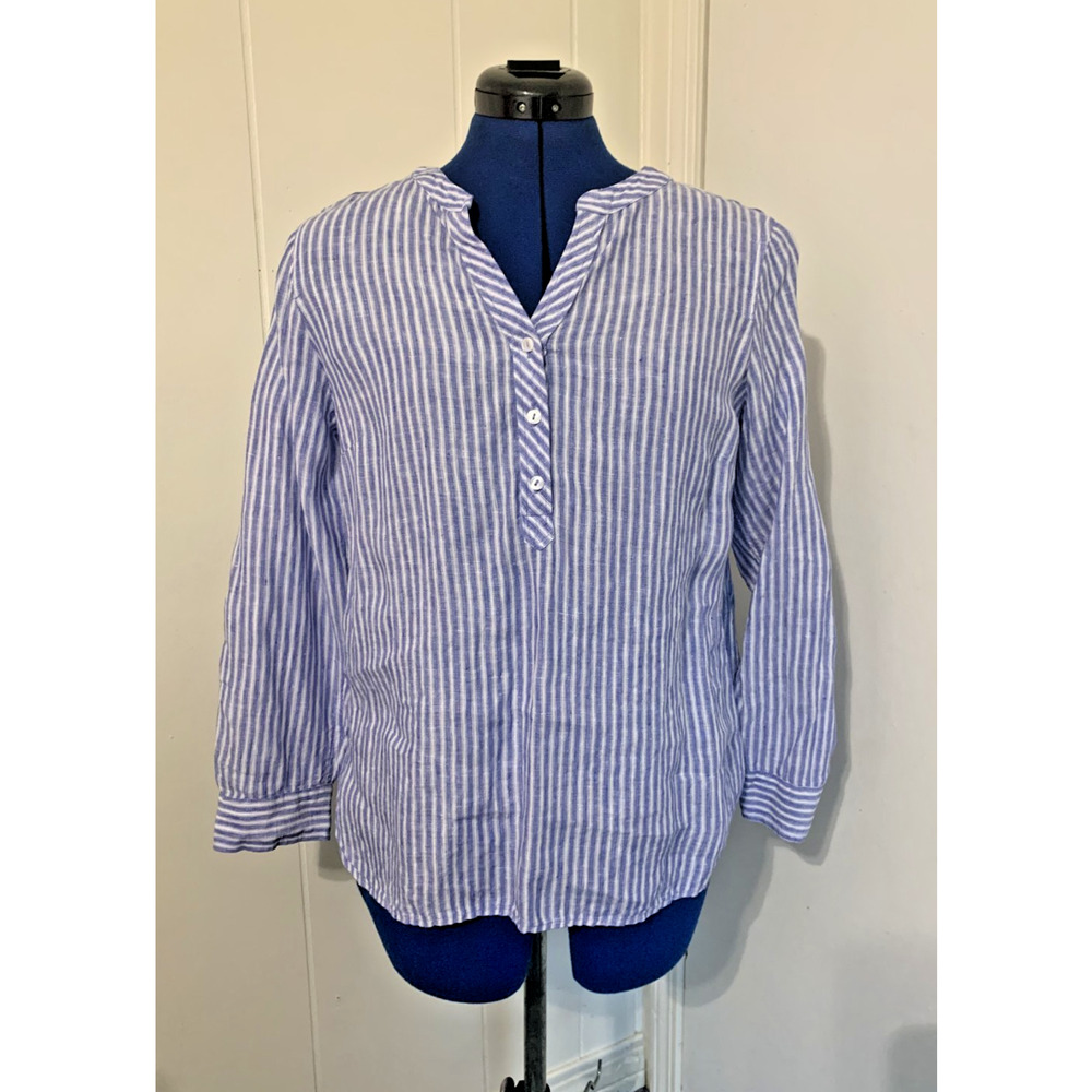 Talbots Linen Top Large Petite Blue Striped Nautical Roll Tab Sleeve Resort - Picture 2 of 10